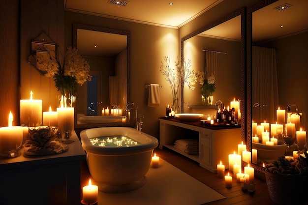 Luxury stylish bathroom with candles and big mirror at night created with generative ai