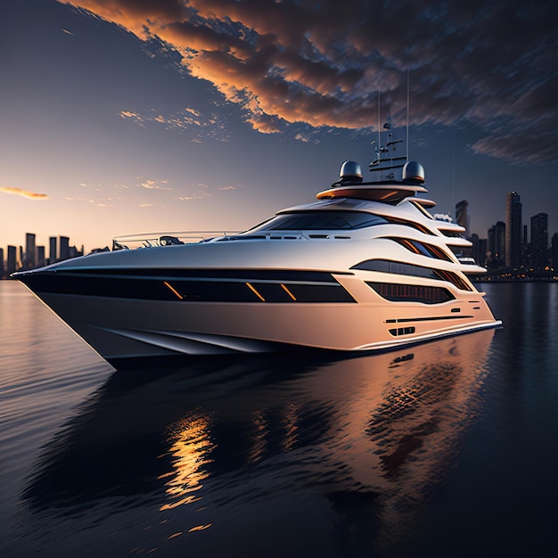 Luxury super brown yacht with modern design on ocean with sunset