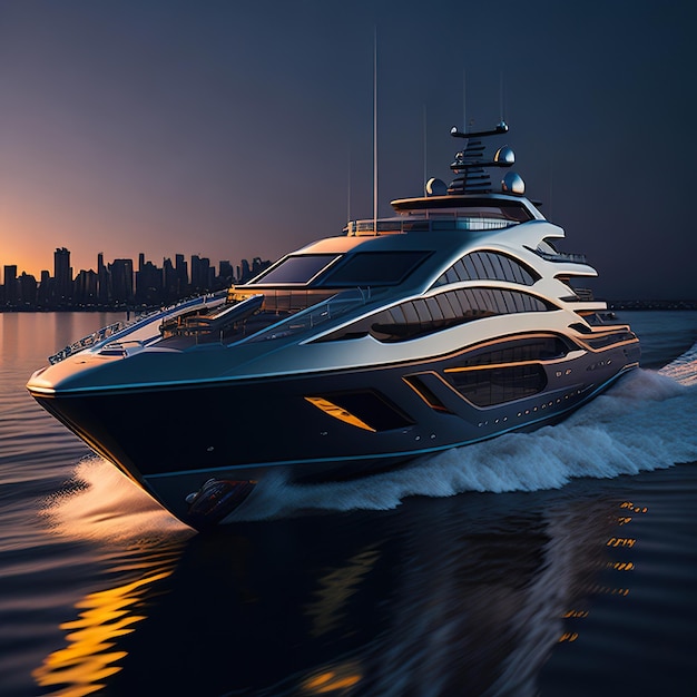 Luxury super silver yacht with modern design on ocean with sunset