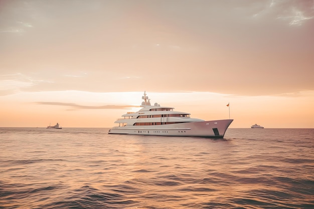 Luxury Super Yacht in sunset or sunrise With beautiful sleek white hull in the sky