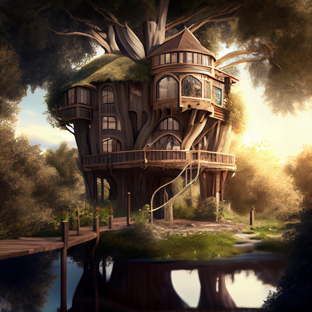 Luxury tree house in the forest 3d render illustration