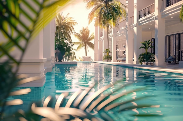 Luxury tropical hotel exterior with pool and palm shadow