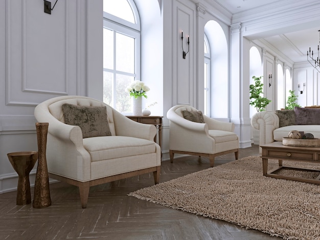 Luxury two armchair in classic living room with tableset. 3d rendering