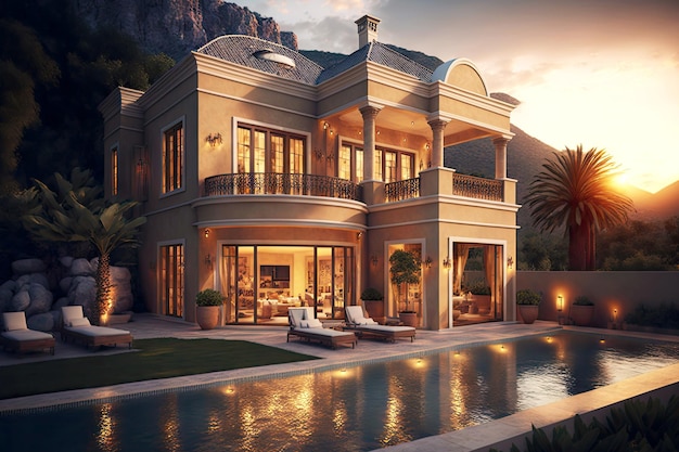 Luxury twostorey house with balconies with contemporary house exterior against backdrop of setting s