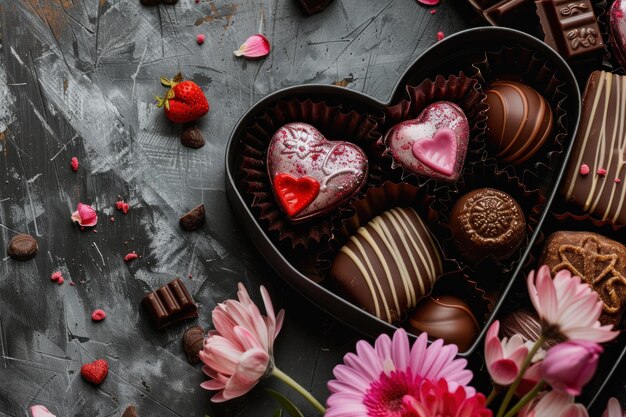 Luxury valentine chocolates in heart shaped gift box and tender flowers