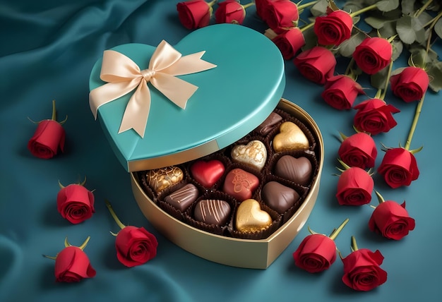 Photo luxury valentine chocolates pieces in heart shaped gift box and surrounded by roses