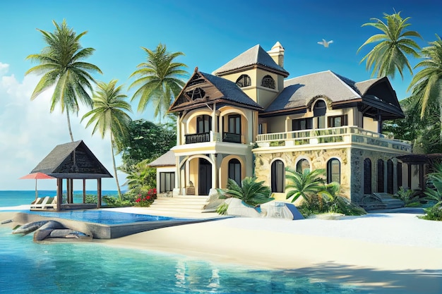 Luxury villa with private swimming pool and hot tub on secluded tropical beachfront