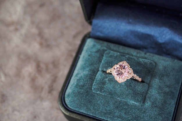 Luxury vintage pink diamond ring in jewelry gift box