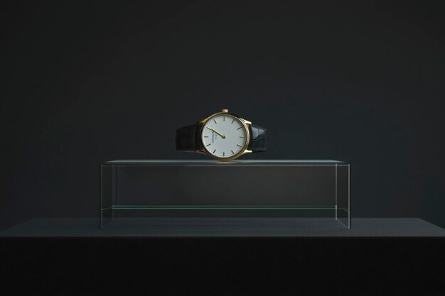 Photo luxury watch display on elegant glass platform with minimalist design