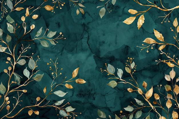 Luxury watercolor background with golden branches and leaves in line art style