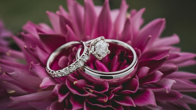 Luxury wedding concept wedding rings and flowers