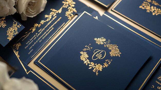 Photo luxury wedding stationery suite with navy blue and gold foil