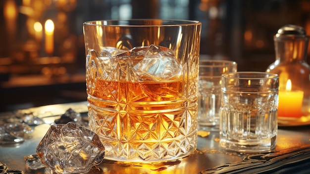 Luxury whiskey in a shiny glass on an antique table