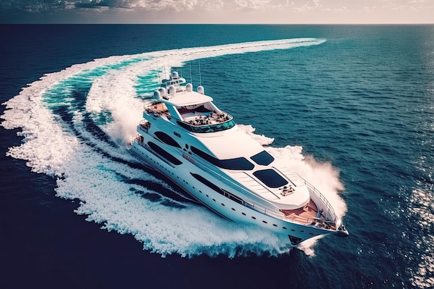 Luxury white boat yacht sails on blue water of ocean Top view Generative AI