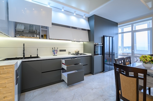 Luxury white and dark grey modern kitchen interior