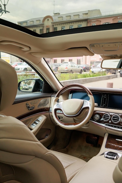 Luxury white interior of a premium car high quality photo