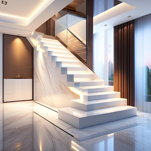 Luxury white marble L shape stairway brown riser lcd hidden light under tread tempered glass pane