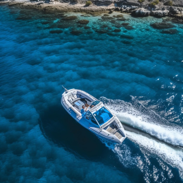 Luxury white mega yacht fast movement on dark water in the ocean top view