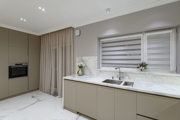 Luxury white modern marble kitchen in studio space