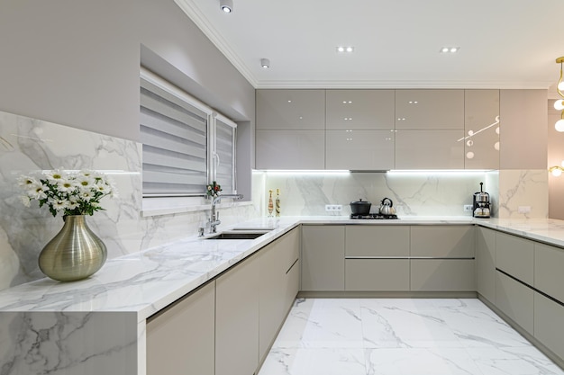 Luxury white modern marble kitchen in studio space