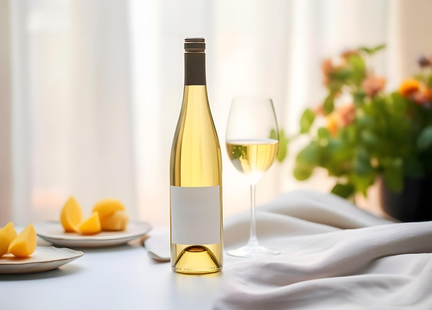 luxury white wine bottle and glass of white wine on a white fabric with grapes