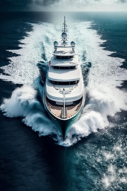 Luxury white yacht on blue water of sea in summer on a trip Top view Generative AI