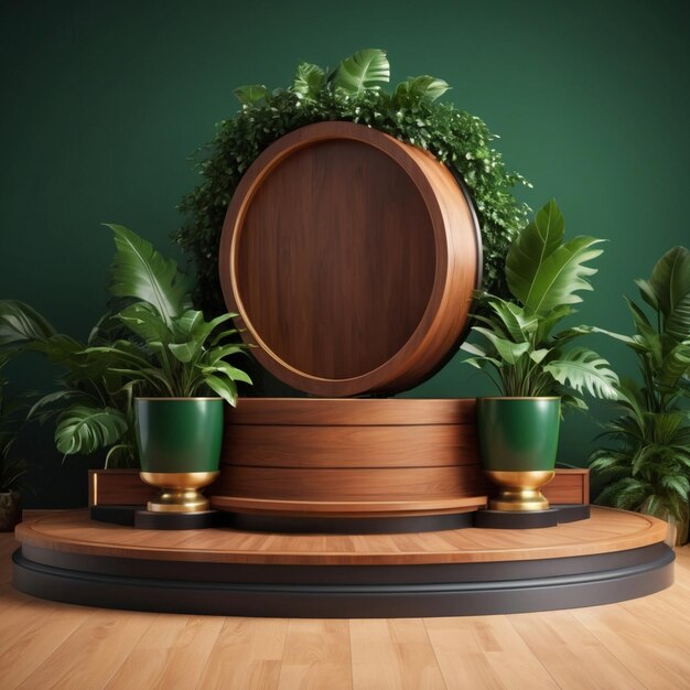 Luxury wood podium for product mockup with plant background