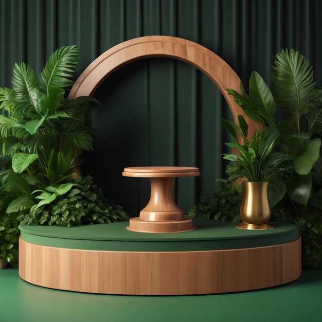 Luxury wood podium for product mockup with plant background