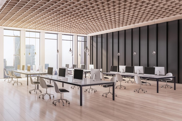 Luxury wooden coworking office interior with window and city view equipment and furniture Workplace concept 3D Rendering