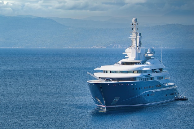 The luxury yacht "Al Mirqab", at Koukounaries beach, Skiathos island, Greece