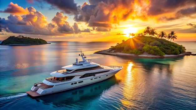 Photo luxury yacht anchored near a private island with a stunning sunset backdrop