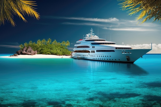 Luxury yacht anchored off tropical island with crystal blue water and sandy beach