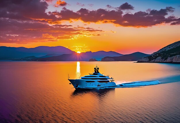 Photo a luxury yacht anchors off the coast during a breathtaking sunset the silhouette of the yacht stand