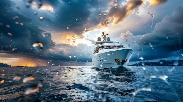 Luxury Yacht Cruising Through Stormy Seas at Sunset