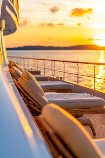 Photo luxury yacht deck loungers at sunset