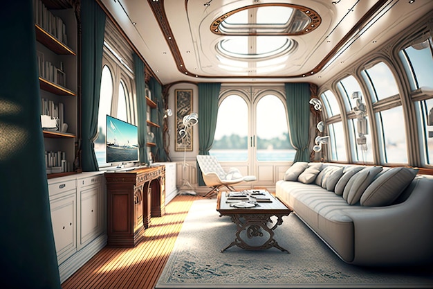 Luxury yacht Interior in old style room for passengers to relax