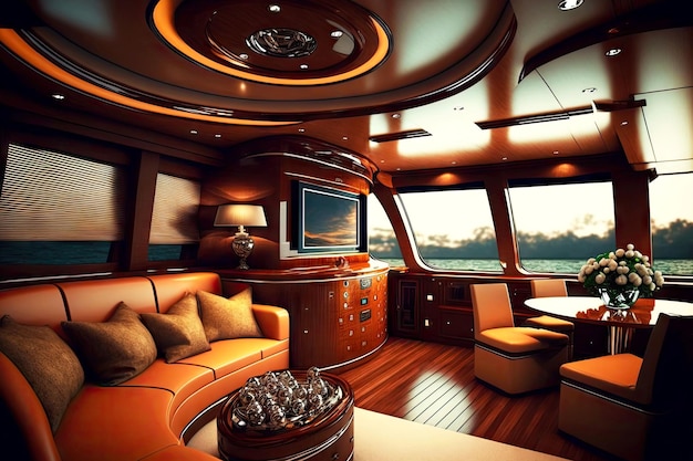 Luxury yacht interior with expensive lacquered wood furniture and panoramic windows