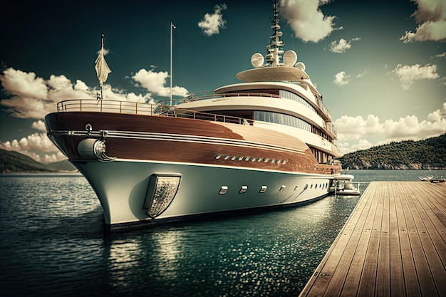 Luxury yacht in peaceful harbor with wooden deck and sunny skies created with generative ai