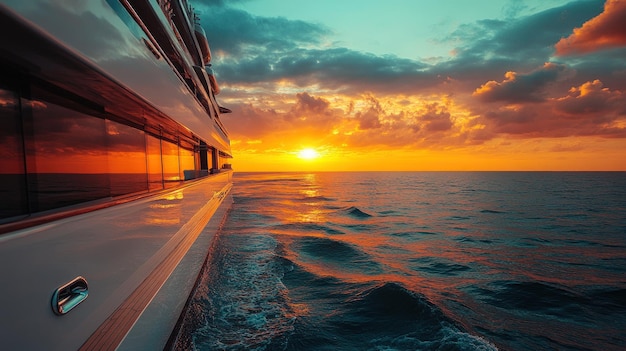 Photo a luxury yacht sails through the ocean at sunset the sun is setting over the horizon casting a warm glow on the water and the sky