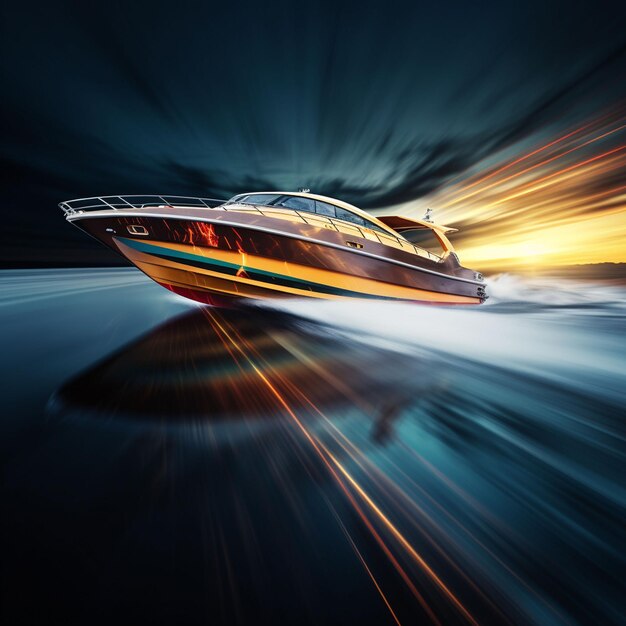 Photo luxury yacht in the sea on a dark background speedboat on the water with motion blur effect extreme