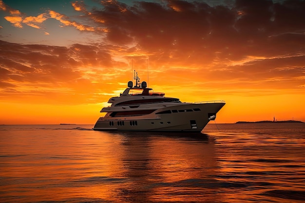 Luxury yacht at sunset with the sky turning fiery hues as the sun sets