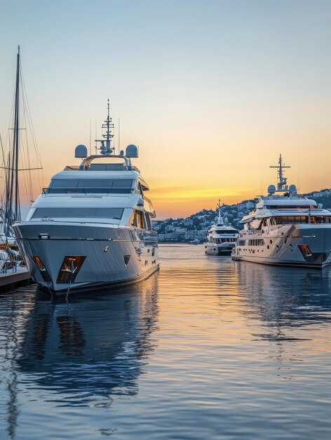 Luxury yachts anchored in a peaceful coastal harbor