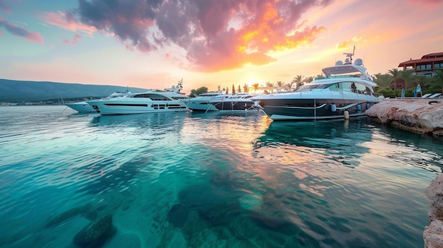 Photo luxury yachts docked at a private marina during sunset