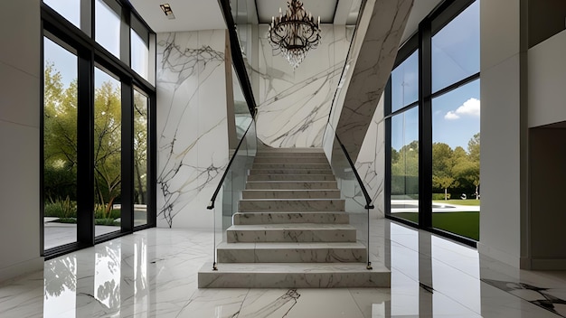 Luxutious staircase that has a chandelier hanging