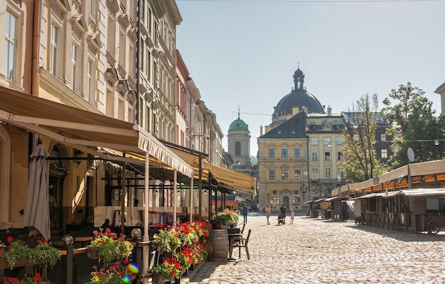 Lviv, Ukraine 07.07.2021.  Street in the old town of Lviv, Ukraine, on a sunny summer morning