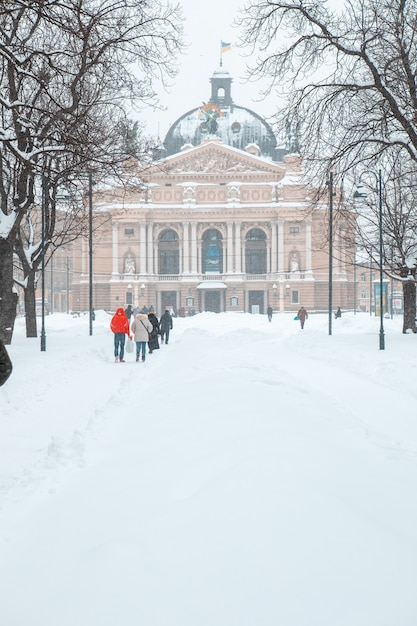 Lviv, Ukraine - February 12, 2021: city streets after snowstorm