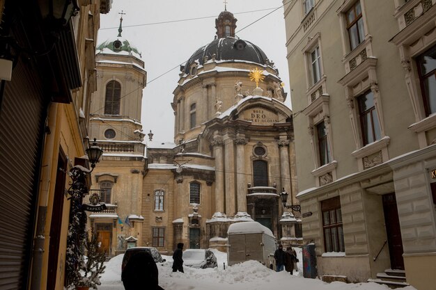 Lviv, Ukraine - February 12, 2021: city streets after snowstorm