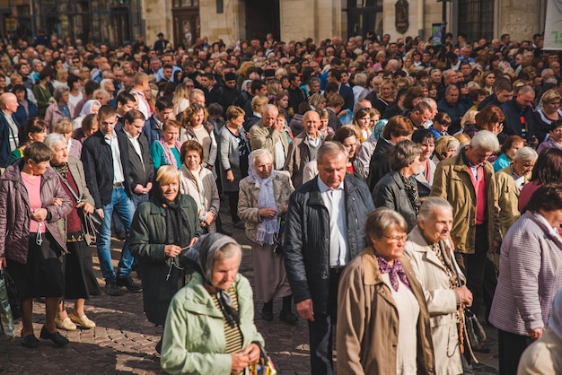 LVIV UKRAINE  October 7 2018 religious procession at city streets nuns and monks