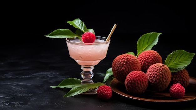 Lychee Cocktail on a dark background Restaurant menu dieting cookbook recipe top view