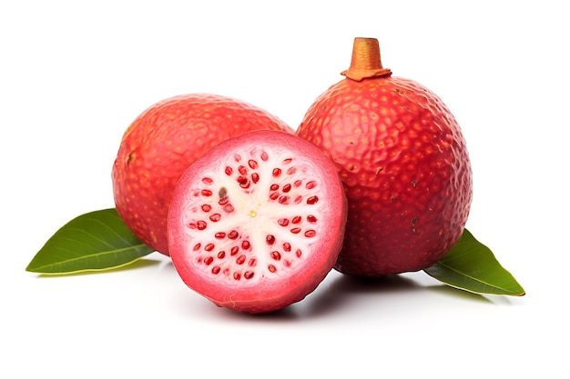 Lychee fruit with leaves isolated on white background